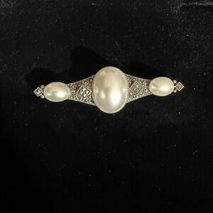 Vintage Judith Jack Marcasite & Faux Pearls Bar Pin Sterling Silver Very Nice